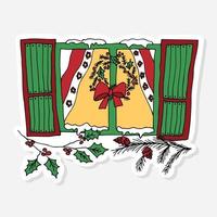 ventana decorada con corona de navidad, nieve, rama de pino y acebo, garabato de pegatinas para el diseño de decoración de celebración. pegatina de navidad en estilo de dibujos animados. ilustración de vector de garabato de año nuevo.