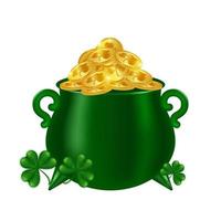 Leprechaun's magical pot full of gold coins. Cauldron with gold and shamrocks on a white background. Symbol of good luck and wealth for St. Patrick's Day. Vector illustration.