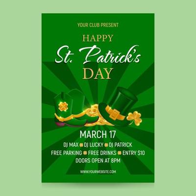 Vertical St. Patricks Day invitation template. Background with Leprechaun hat and boots, golden coins and shamrock on green. Vector illustration.