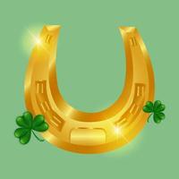 Lucky horseshoe and clover. Golden shiny horseshoe with clover shamrock on a green background. Happy symbol of the Irish holiday of St. Patrick's Day. Vector illustration.