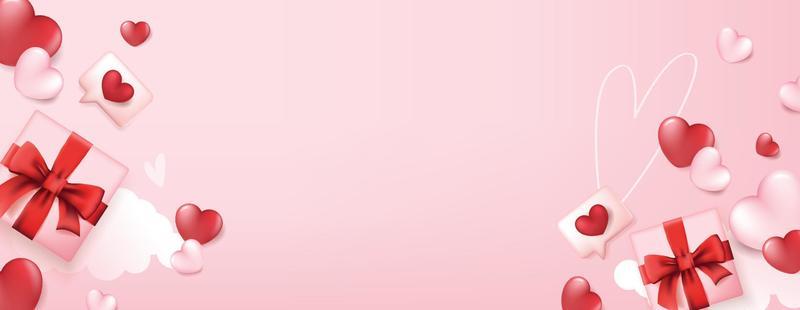 Valentines day card banner with gift box and Heart confetti falling over pink cloud background