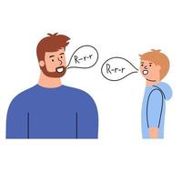The speech therapist teaches the boy language skills, articulations. A man talks to a child. Vector hand drawn illustration