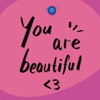 Your are beautiful, self love themed text. Hand written note with black marker on pink square paper and blue push pins decoration. Cute simple text note to not worrying. Sticky paper design. vector