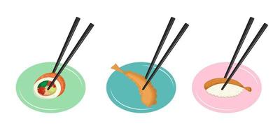 Chopsticks holding sushi and rolls. Asian traditional cuisine. Sushi icons for Japanese menu. Vector illustration. Cartoon.