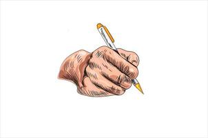 Hand with pen vector illustration, flat cartoon hand holding pen isolated on white