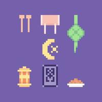 pixel icons and symbols. drums, drum beaters, ketupat, moon stars, lanterns, a plate of dates, prayer mats. illustration of design elements about Ramadan and Islam. game assets vector