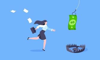 Fishing money chase business concept with businesswoman running after dangling dollar and trying to catch it. vector