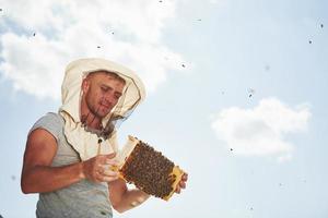 Warm weather. Almost clear sky. Beekeeper works with honeycomb full of bees outdoors at sunny day photo