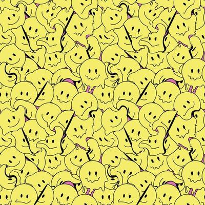 Funny smile crazy melted face seamless pattern art. Vector illustration psychedelic retrro graphic. Positive good vibes faces, acid, high, melt, trip, wallpaper seamless pattern. Y2K aesthetic