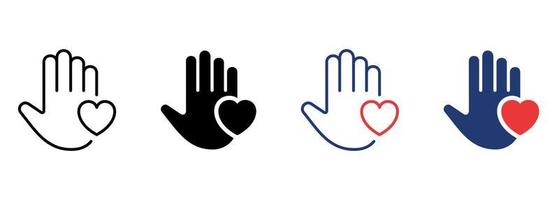 icono de la palma de la mano y el corazón. símbolo del pictograma de voluntariado. concepto de caridad y donación. forma de icono de corazón y mano. trazo editable. ilustración vectorial aislada. vector