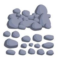 Set of stones. Pile of cobblestones. Gray geological minerals. Heavy wall construction material. Large blocks vector