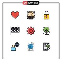 paquete de 9 signos y símbolos modernos de colores planos de línea rellena para medios de impresión web, como elementos de diseño de vectores editables de marca de configuración de desbloqueo de equipo de usuario