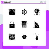 Set of 9 Commercial Solid Glyphs pack for user interface lock diwali solution seo Editable Vector Design Elements