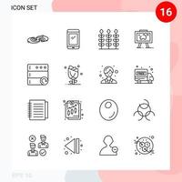 Vector Pack of 16 Icons in Line Style Creative Outline Pack isolated on White Background for Web and Mobile Creative Black Icon vector background