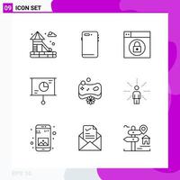 conjunto de iconos de línea. paquete de 9 iconos de contorno aislados en fondo blanco para impresión web y móvil. vector