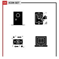 4 General Icons for website design print and mobile apps. 4 Glyph Symbols Signs Isolated on White Background. 4 Icon Pack. vector