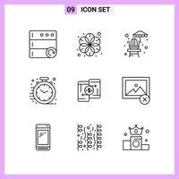 9 Icons in Line Style. Outline Symbols on White Background. Creative Vector Signs for Web mobile and Print.