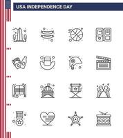 paquete de 16 líneas de celebración del día de la independencia de EE. UU. Signos y símbolos del 4 de julio, como el escudo de la estrella de baloncesto de la botella americana, elementos de diseño vectorial editables del día de EE. UU. vector