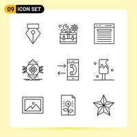 9 iconos creativos para el diseño moderno de sitios web y aplicaciones móviles receptivas. 9 signos de símbolos de contorno sobre fondo blanco. Paquete de 9 iconos. vector