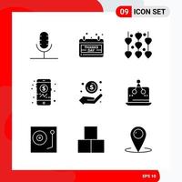 Creative Set of 9 Universal Glyph Icons isolated on White Background vector