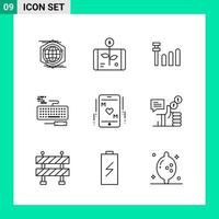 paquete de conjunto de iconos de estilo de 9 líneas. símbolos de contorno para imprimir. signos creativos aislados sobre fondo blanco. 9 conjunto de iconos. vector