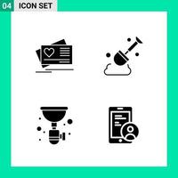 paquete de 4 conjuntos de iconos de estilo sólido. símbolos de glifos para imprimir. signos creativos aislados sobre fondo blanco. 4 conjunto de iconos. vector