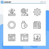 iconos de estilo moderno de 9 líneas. símbolos de contorno para uso general. signo de icono de línea creativa aislado sobre fondo blanco. Paquete de 9 iconos. vector