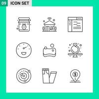 paquete de conjunto de iconos de estilo de 9 líneas. símbolos de contorno para imprimir. signos creativos aislados sobre fondo blanco. 9 conjunto de iconos. vector