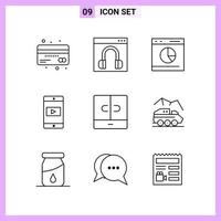 9 Icons in Line Style. Outline Symbols on White Background. Creative Vector Signs for Web mobile and Print.