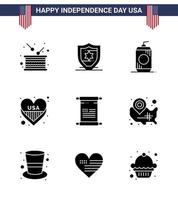 usa feliz día de la independencia pictograma conjunto de 9 glifos sólidos simples de texto usa botella amor americano editable usa día elementos de diseño vectorial vector