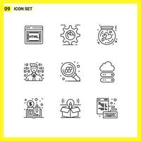 9 conjunto de iconos. símbolos de línea simple. signo de contorno sobre fondo blanco para aplicaciones móviles de diseño de sitios web y medios impresos. vector