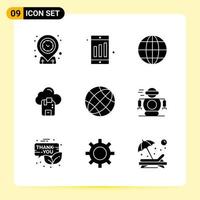 9 iconos creativos para el diseño moderno de sitios web y aplicaciones móviles receptivas. 9 signos de símbolos de glifo sobre fondo blanco. Paquete de 9 iconos. vector