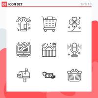 Collection of 9 Vector Icons in Line style. Modern Outline Symbols for Web and Mobile. Line Icon Sign Isolated on White Background. 9 Icons.