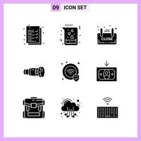 9 Icons in Solid Style. Glyph Symbols on White Background. Creative Vector Signs for Web mobile and Print.