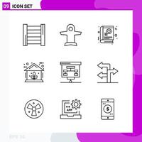 conjunto de iconos de línea. paquete de 9 iconos de contorno aislados en fondo blanco para impresión web y móvil. vector