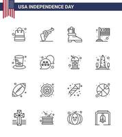 USA Happy Independence DayPictogram Set of 16 Simple Lines of presidents day shose usa flag Editable USA Day Vector Design Elements