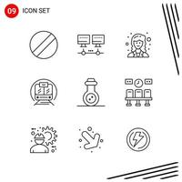 Collection of 9 Vector Icons in Line style. Pixle Perfect Outline Symbols for Web and Mobile. Line Icon Signs on White Background. 9 Icons.