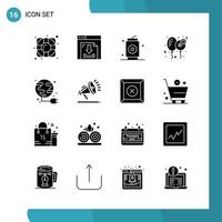 Vector Pack of 16 Glyph Symbols. Solid Style Icon Set on White Background for Web and Mobile.