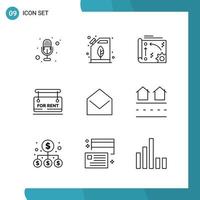 Vector Pack of 9 Outline Symbols. Line Style Icon Set on White Background for Web and Mobile.