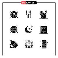 conjunto de 9 iconos de estilo sólido para web y móvil. símbolos de glifos para imprimir. signos de icono sólido aislados sobre fondo blanco. 9 conjunto de iconos. vector