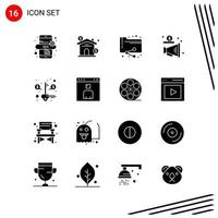 Collection of 16 Vector Icons in solid style. Pixle Perfect Glyph Symbols for Web and Mobile. Solid Icon Signs on White Background. 16 Icons.