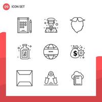 Pack of 9 Universal Outline Icons for Print Media on White Background. vector