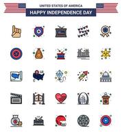 Big Pack of 25 USA Happy Independence Day USA Vector Flat Filled Lines and Editable Symbols of independence day holiday drum party bulb buntings Editable USA Day Vector Design Elements