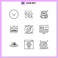 9 Icons in Line Style. Outline Symbols on White Background. Creative Vector Signs for Web mobile and Print.