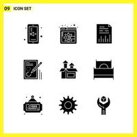 9 Icon Set. Simple Solid Symbols. Glyph Sign on White Background for Website Design Mobile Applications and Print Media. vector