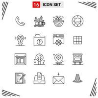 Estilo de línea de 16 iconos. símbolos de esquema creativos basados en cuadrículas para el diseño de sitios web. signos de icono de línea simple aislados en fondo blanco. 16 conjunto de iconos. vector