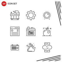 Collection of 9 Vector Icons in Line style. Pixle Perfect Outline Symbols for Web and Mobile. Line Icon Signs on White Background. 9 Icons.