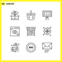 9 conjunto de iconos. símbolos de línea simple. signo de contorno sobre fondo blanco para aplicaciones móviles de diseño de sitios web y medios impresos. vector