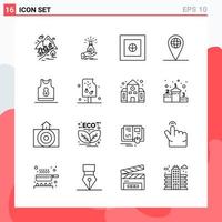 Collection of 16 Vector Icons in Line style. Modern Outline Symbols for Web and Mobile. Line Icon Sign Isolated on White Background. 16 Icons.