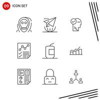 Collection of 9 Vector Icons in Line style. Pixle Perfect Outline Symbols for Web and Mobile. Line Icon Signs on White Background. 9 Icons.